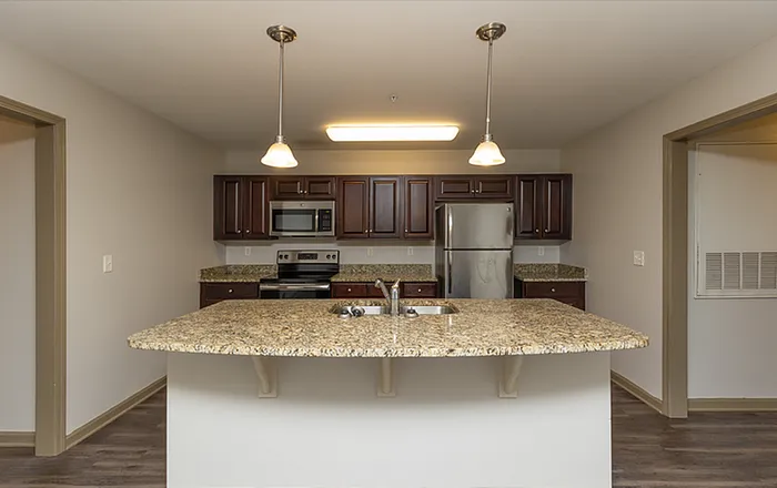 Modern kitchen with sleek granite countertops, stainless steel appliances, and stylish lighting fixtures, perfect for culinary creativity.