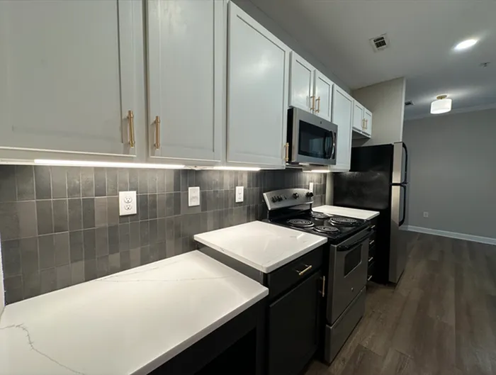 Elegant modern kitchen with sleek white cabinetry, stylish black appliances, and polished countertops.