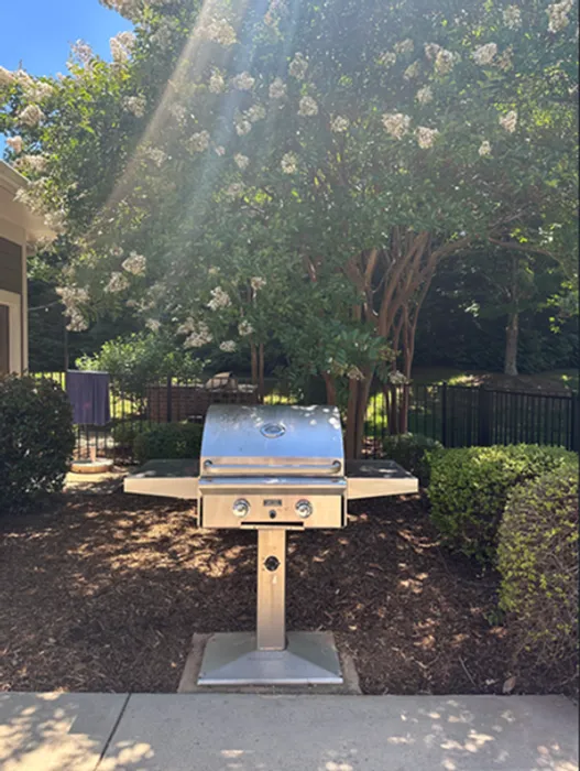 Inviting outdoor space featuring a sleek stainless steel grill nestled under lush greenery perfect for relaxing and entertaining.