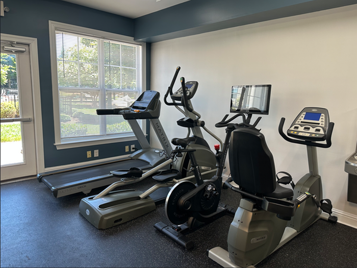 Bright and modern fitness center featuring state-of-the-art treadmill, exercise bike, and elliptical machine with scenic views.
