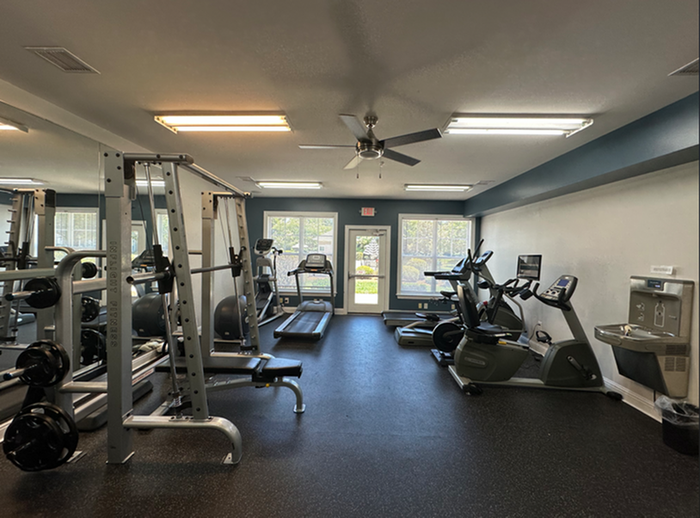 Modern apartment gym featuring state-of-the-art fitness equipment, cardio machines, and ample natural lighting.