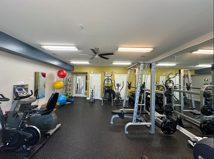 Modern apartment gym with state-of-the-art fitness equipment, bright atmosphere, and wall mirrors for a dynamic workout experience.