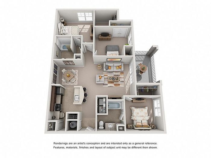 3 bedrooms, 2 baths, a cozy living room, modern kitchen, dining area, and a private balcony.