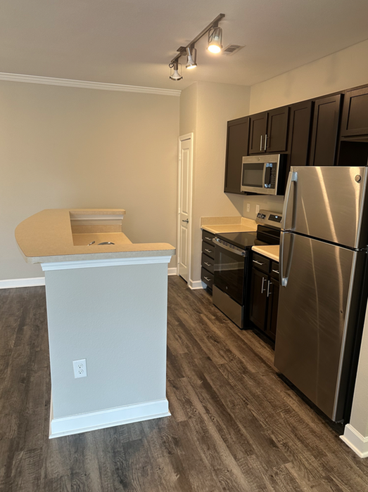 Modern kitchen with sleek stainless steel appliances, dark cabinetry, and polished wooden flooring under stylish track lighting.