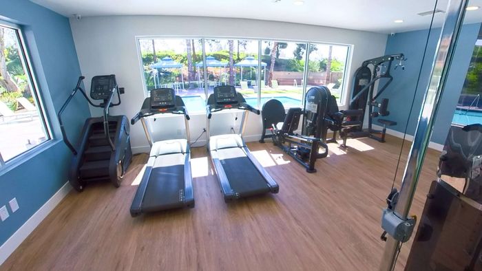 Bright, modern fitness center with large windows, featuring treadmills, strength machines, and a scenic pool view.