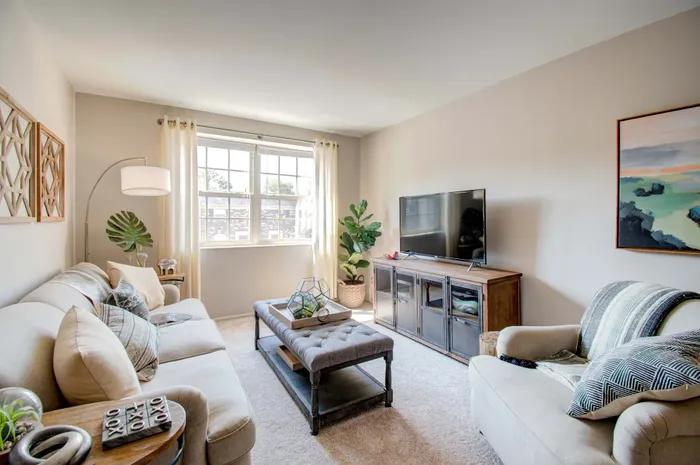 Bright and inviting living room featuring a comfortable sofa, stylish decor, and a modern entertainment setup.