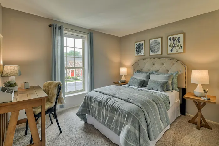 Cozy bedroom with a plush bed, elegant decor, and abundant natural light from a large window.