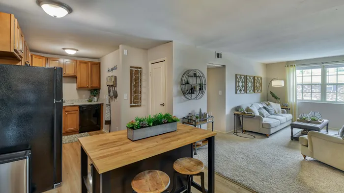 Bright open-concept living area featuring a modern kitchen with wooden cabinets and black appliances, adjacent to a cozy living room with plush seating and a large window.