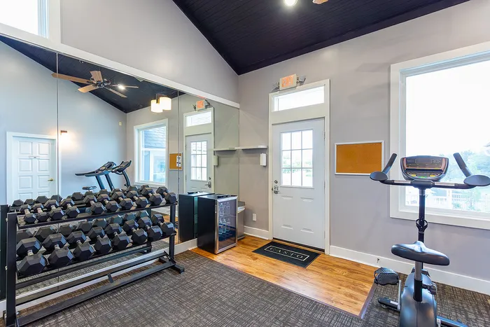 Bright fitness room featuring modern exercise bike, treadmill, and full set of dumbbells in a sleek, well-lit environment.