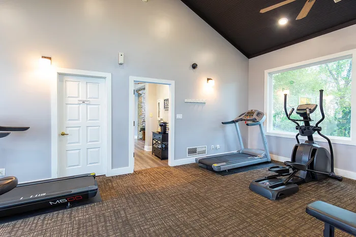 Bright, modern fitness room featuring a treadmill and elliptical, with a large window offering a serene outdoor view.