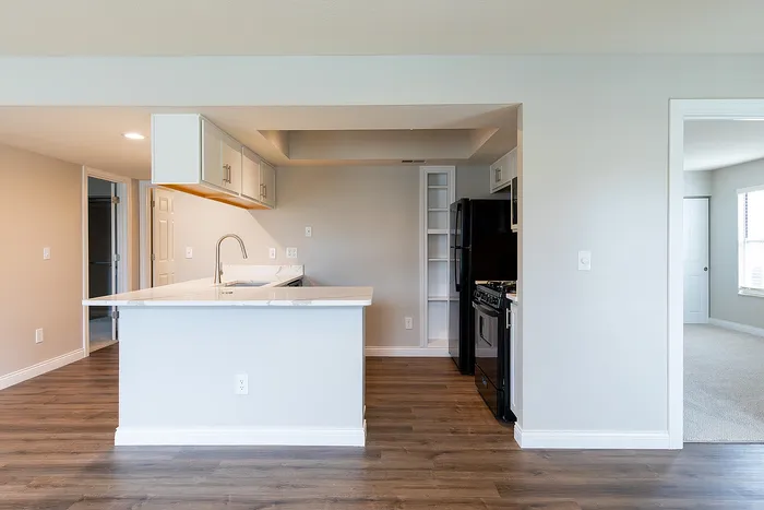 Modern open kitchen with sleek countertops, elegant cabinetry, and stylish flooring leading to a bright living space.