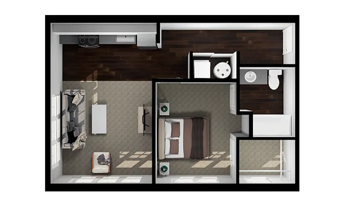 Drew floor plan, 1-bed, 1-bath garden