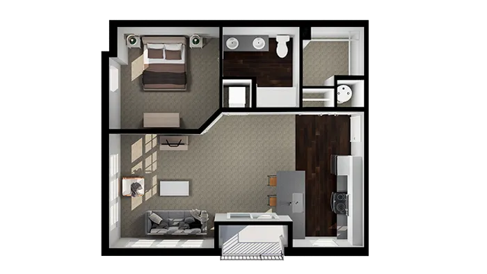 Ella floor plan, 1-bed, 1-bath rendering