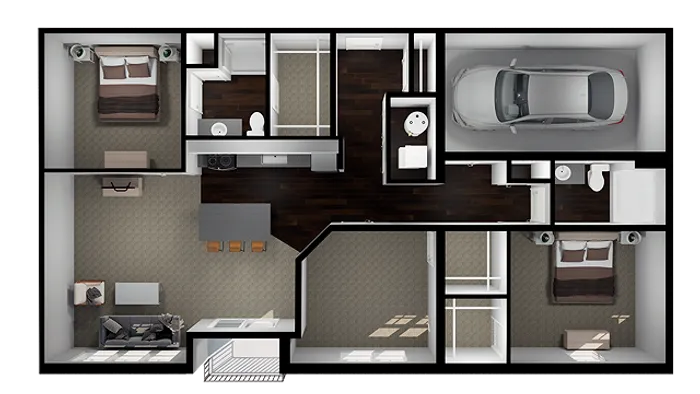 William floor plan, 2-bed, 2-bath plus den garden