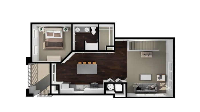 Jack floor plan rendering, 2-bed 2-bath townhome