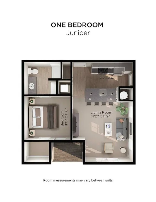 Juniper floor plan illustrating a stylish one-bedroom layout with open-concept living room and modern kitchen.