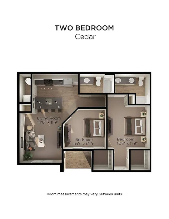 Inviting Cedar floor plan showcasing a two-bedroom layout, open living room, sleek kitchen, and modern bathrooms.