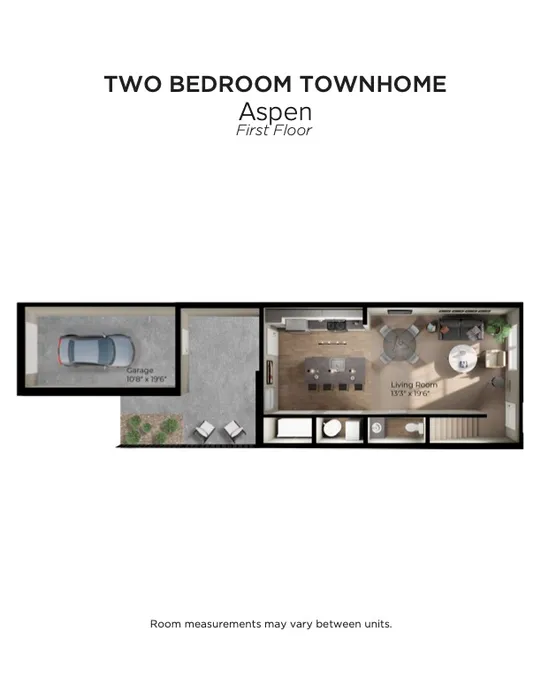 Aspen first floor plan of a two-bedroom townhome featuring a spacious living room, modern kitchen, and convenient garage.
