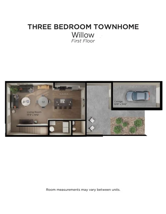 Modern floor plan for Willow Three Bedroom Townhome, featuring an open living room, sleek kitchen, and attached garage on the first floor.