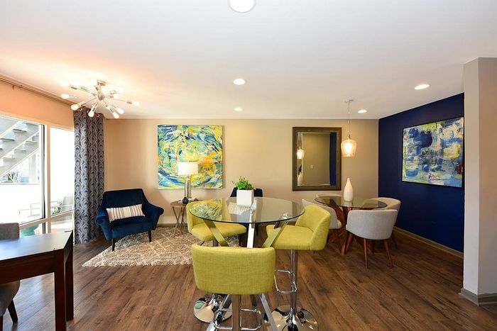 Business Center with bright green and blue decor