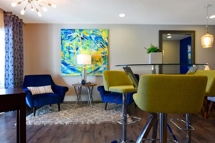 Business Center with bright green and blue decor