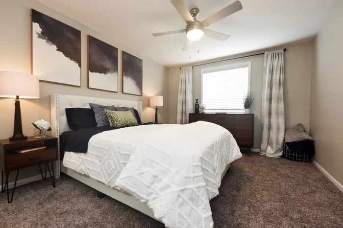 Inviting bedroom with a contemporary design, featuring a comfortable bed, stylish decor, and ample natural light.