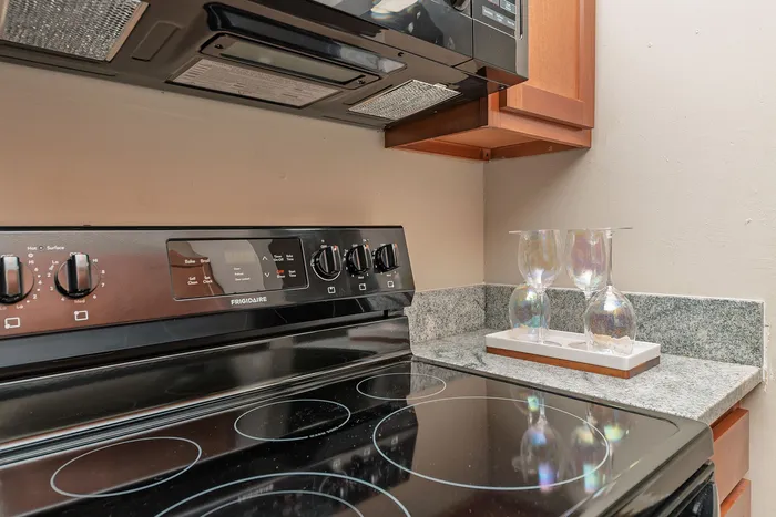 Sleek black electric cooktop in a modern kitchen with granite countertops and wooden cabinets.