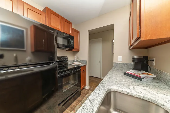 Sleek kitchen with granite countertops, modern appliances, and wooden cabinetry.