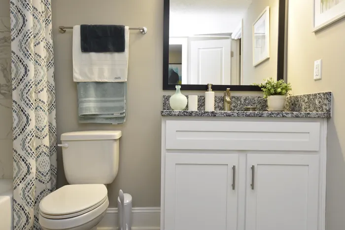 Sophisticated bathroom featuring a granite countertop, stylish mirror, and classic white cabinetry.
