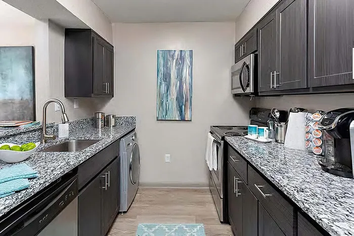 Contemporary kitchen with granite countertops, stainless steel appliances, and elegant cabinetry.