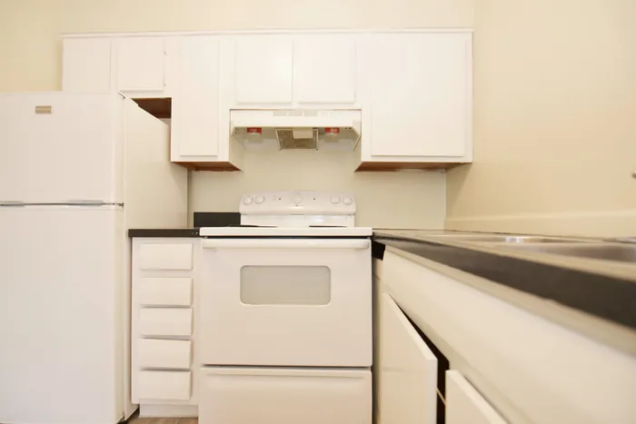 Clean and spacious kitchen with white cabinetry and modern appliances.