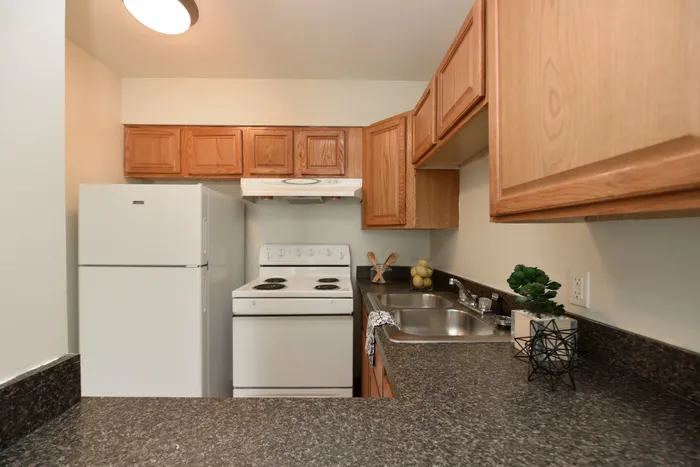 Contemporary kitchen with sleek countertops, wooden cabinets, and modern appliances.