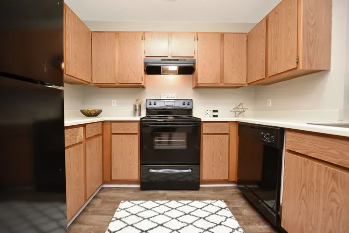 Modern kitchen with sleek black appliances, wooden cabinetry, and stylish flooring.