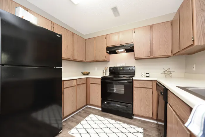 Modern kitchen featuring sleek wooden cabinets, black appliances, and a stylish rug.