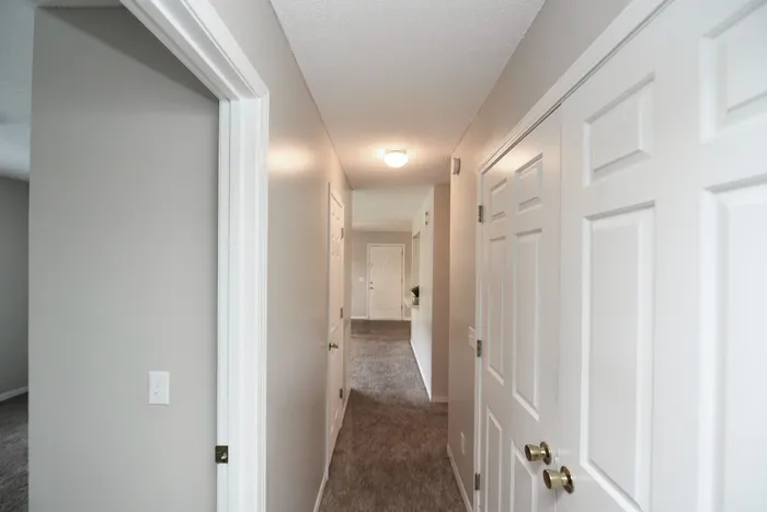 Contemporary hallway with neutral tones and sleek doors leading to various rooms.