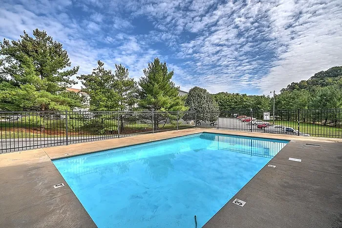 Inviting outdoor pool surrounded by lush greenery and a clear blue sky.