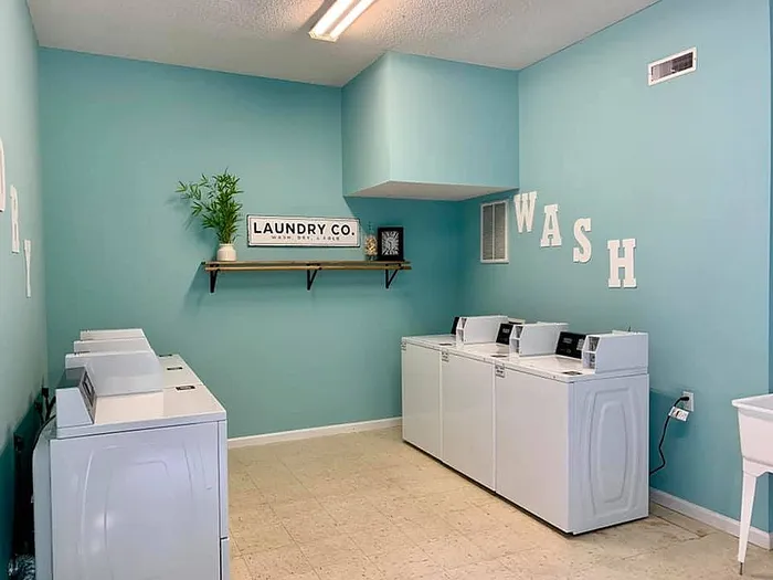 Inviting laundry room featuring modern washers, teal walls, and stylish decor.