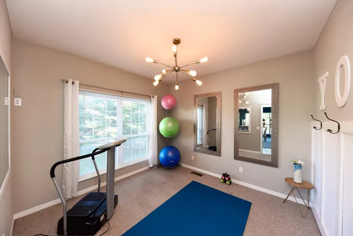 Modern home gym with treadmill, exercise balls, and large mirrors under elegant lighting.