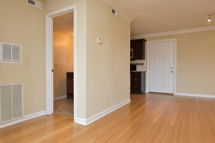 Modern apartment interior featuring a wooden floor, a view of a hallway, and a glimpse of a kitchen area.