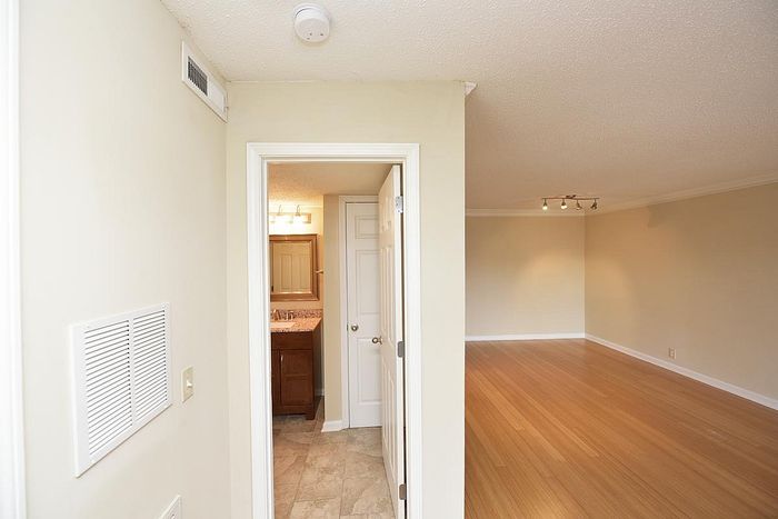 Bright apartment hallway leading to an inviting living room with hardwood floors.