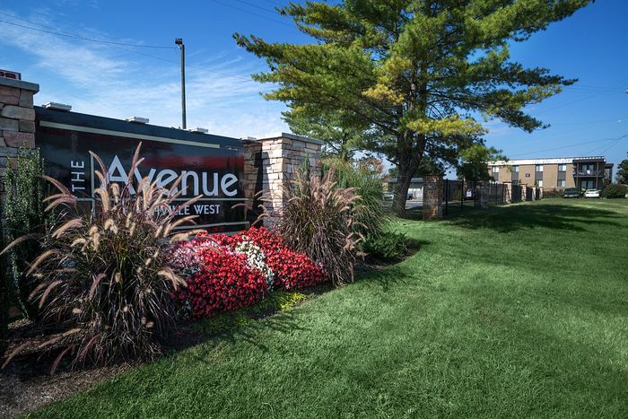 Welcoming entrance of The Avenue complex featuring vibrant landscaping and a clear sky.