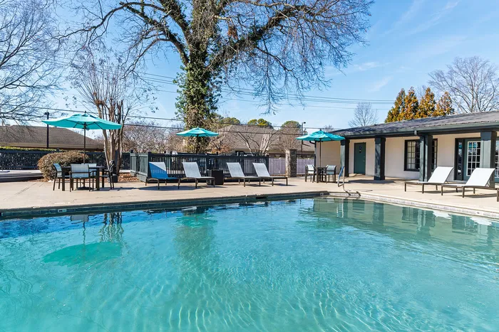 Inviting outdoor swimming pool with lounge chairs and umbrellas, surrounded by trees and modern architecture.