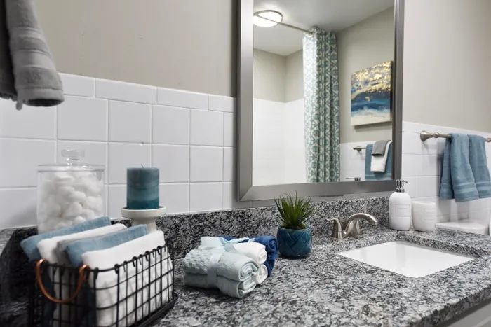 Elegant bathroom vanity with granite countertop, decorative elements, and a large mirror.