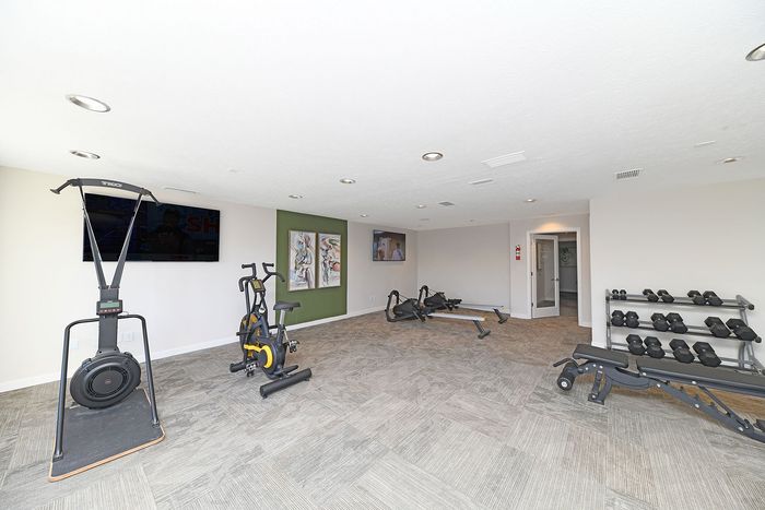 Spacious home gym with exercise bikes, weights, and rowing machines in a contemporary setting.