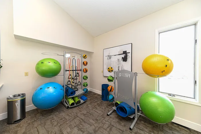 Bright fitness area with colorful exercise balls, resistance bands, and yoga mats.
