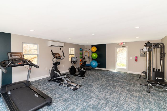Modern fitness center with state-of-the-art equipment including treadmills, ellipticals, and vibrant exercise balls in a spacious, well-lit room.