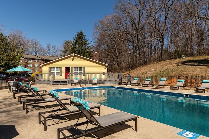 Inviting outdoor pool area with stylish lounge chairs, surrounded by serene woodland views and a charming yellow clubhouse.