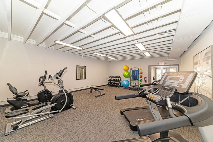 Modern apartment fitness center featuring cardio machines, weight racks, and colorful exercise balls.