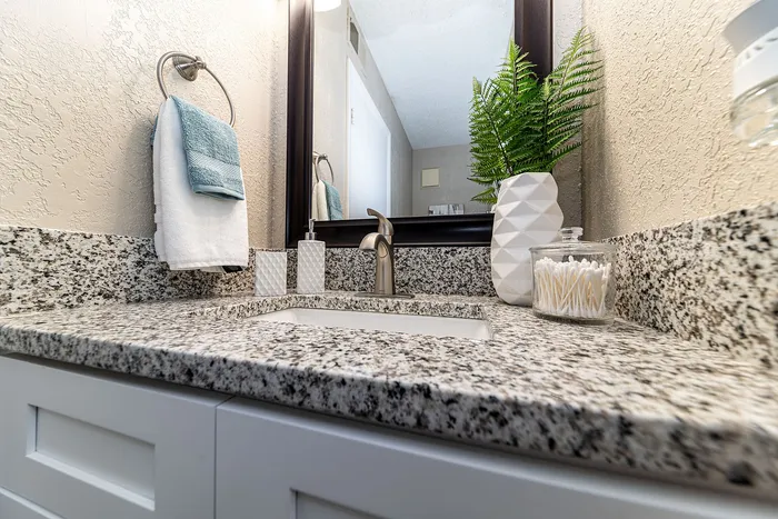Modern bathroom vanity with elegant granite countertop, sleek faucet, and stylish accessories including a potted plant and decorative jar.