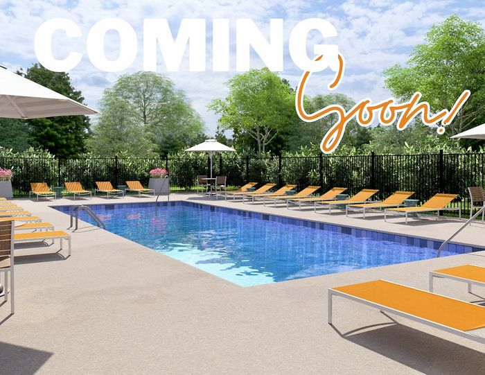 Inviting outdoor pool area with bright lounge chairs and umbrellas, surrounded by lush greenery, marked as 'Coming Soon'.